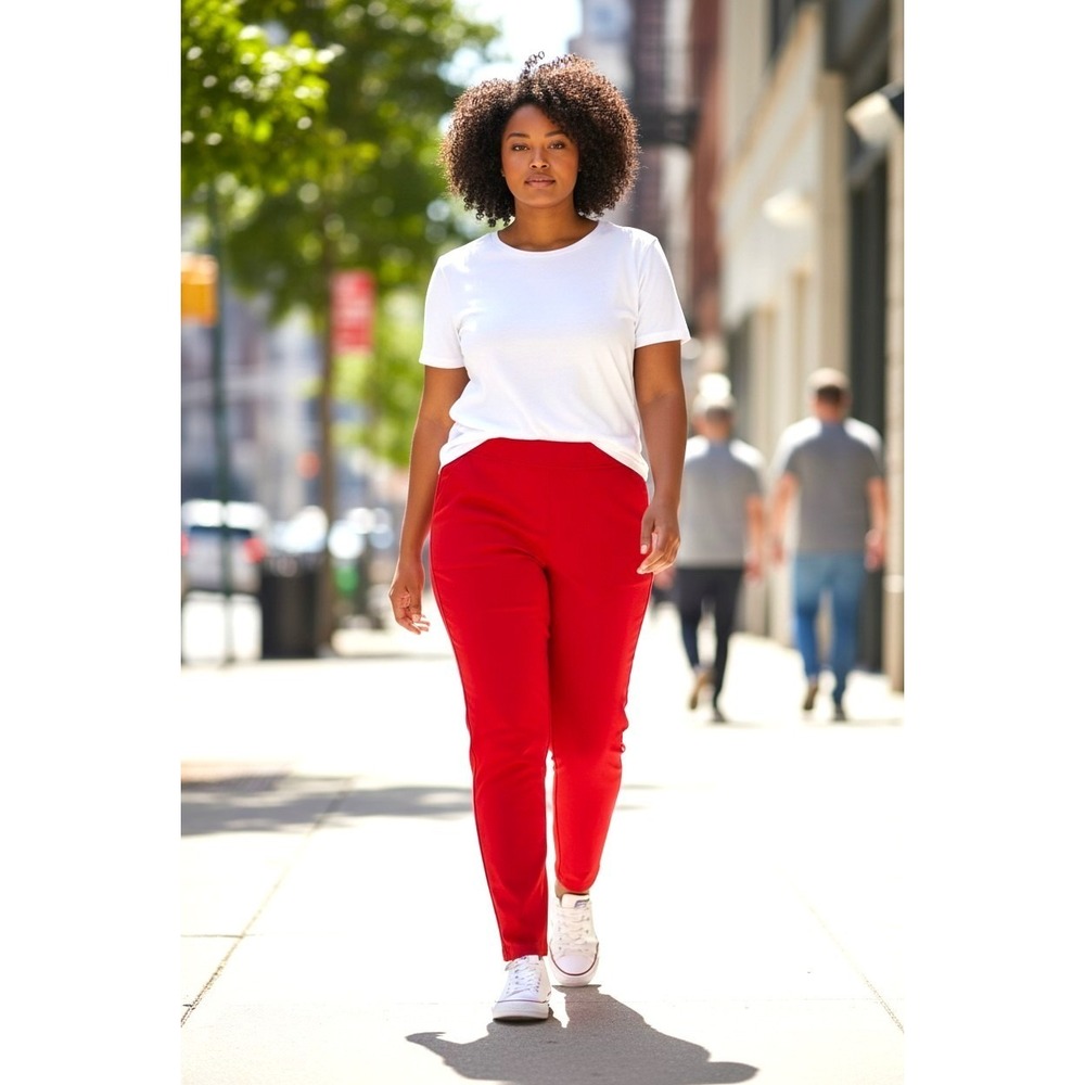 (C-78) d&Co Denim & Co Red Pull On Pants Women LP Large Petite Stretch Pockets N